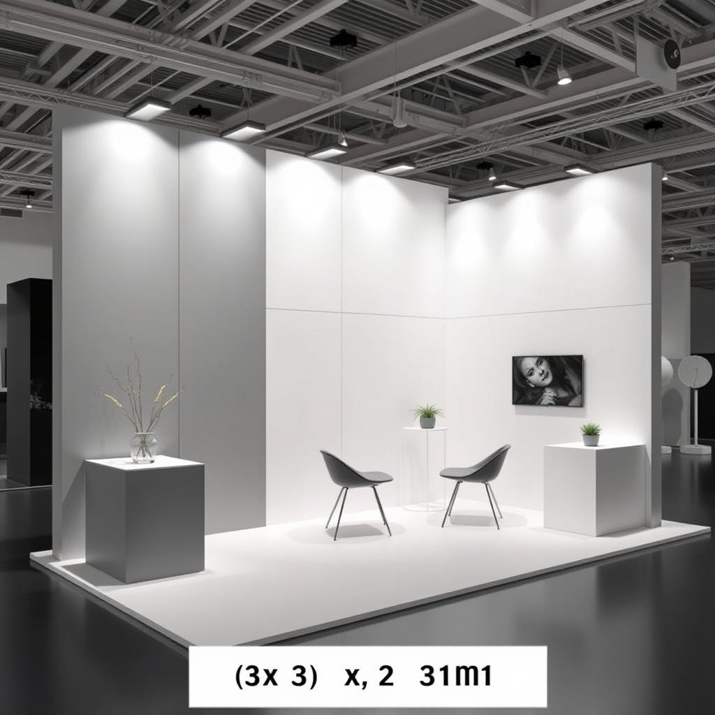 A minimalist convention stand measuring 3 x 2 meters, featuring sleek grey and white walls