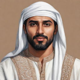 A hand-drawn illustration of a handsome Arabic man, adorned in traditional attire, with a distinctly strong and chiseled face, ideal for a novel's main character