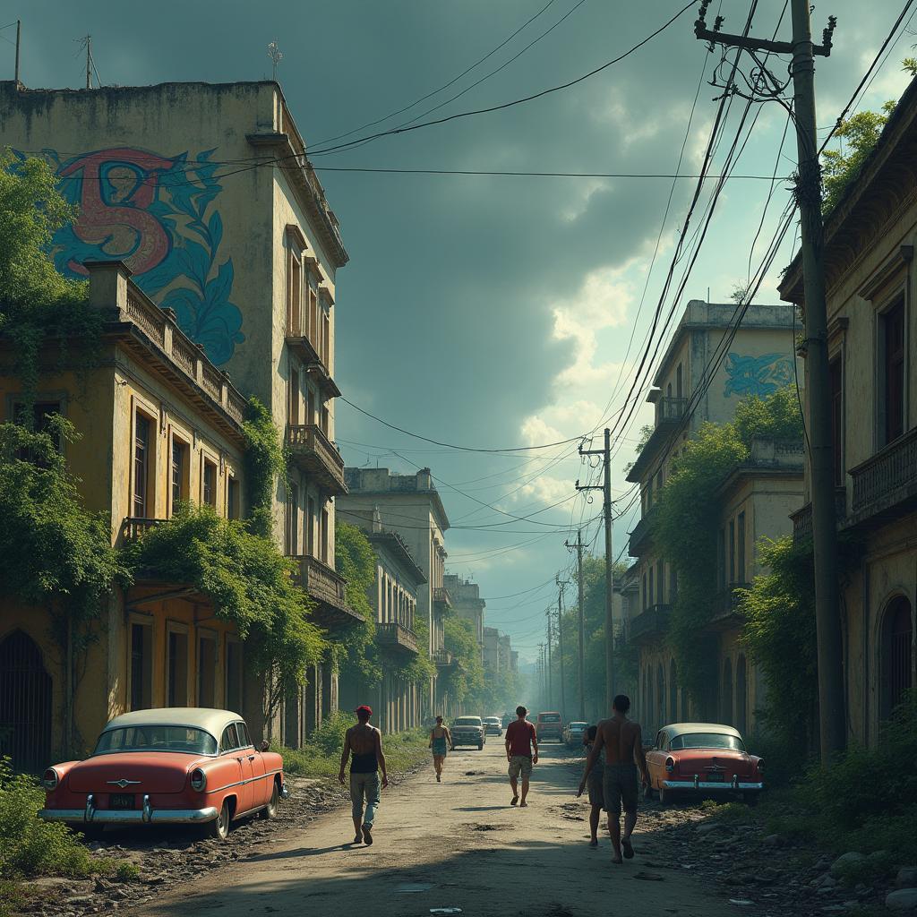 An evocative portrayal of an apocalyptic metropolis city in Cuba, illustrating a haunting yet beautiful landscape of crumbling colonial buildings and modern structures in decay