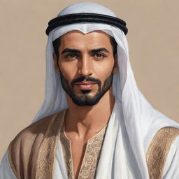 A hand-drawn illustration of a handsome Arabic man, adorned in traditional attire, with a distinctly strong and chiseled face, ideal for a novel's main character