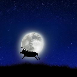 A vivid image of a cow leaping joyfully over a radiant full moon against a backdrop of the twinkling night sky.