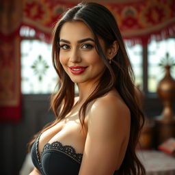 A stunning 25-year-old Uzbek woman with alluring features, dressed in sexy attire