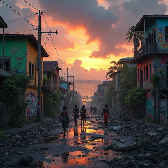 A striking depiction of an apocalyptic metropolis in Jamaica, featuring a skyline of once-vibrant buildings now in ruins, with colorful Caribbean architecture partially collapsed