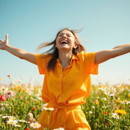 An embodiment of true happiness, a joyful individual laughing heartily in a sunlit meadow filled with blooming flowers