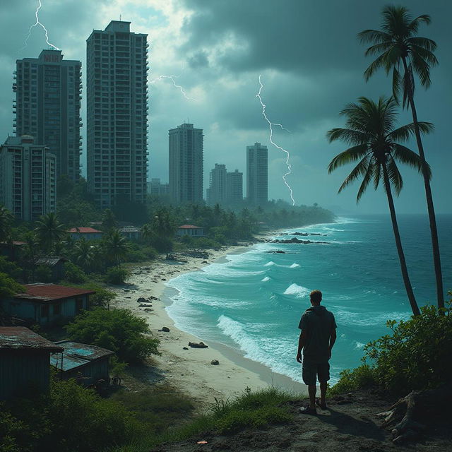 A haunting depiction of an apocalyptic metropolis in The Bahamas, featuring a coastline with dilapidated high-rises partially submerged in rising waters