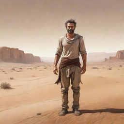 Illustrate a hand-drawn image of a strong, weathered man standing with purpose in the vastness of the desert, designed as a novel's resilient main character