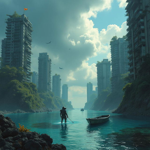 An imaginative portrayal of an apocalyptic metropolis in the Maldives, where urban structures are partially submerged in water due to rising sea levels