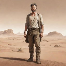 Illustrate a hand-drawn image of a strong, weathered man standing with purpose in the vastness of the desert, designed as a novel's resilient main character