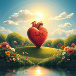 A serene landscape depicting a peaceful heart, surrounded by lush greenery and vibrant flowers, symbolizing gratitude and happiness