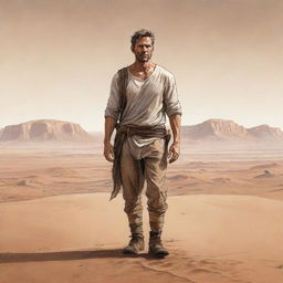 Illustrate a hand-drawn image of a strong, weathered man standing with purpose in the vastness of the desert, designed as a novel's resilient main character