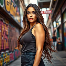 A stunning image of a confident, voluptuous transgender woman with prominent features and curves, standing in a vibrant urban setting