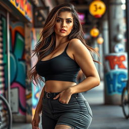 A stunning image of a confident, voluptuous transgender woman with prominent features and curves, standing in a vibrant urban setting