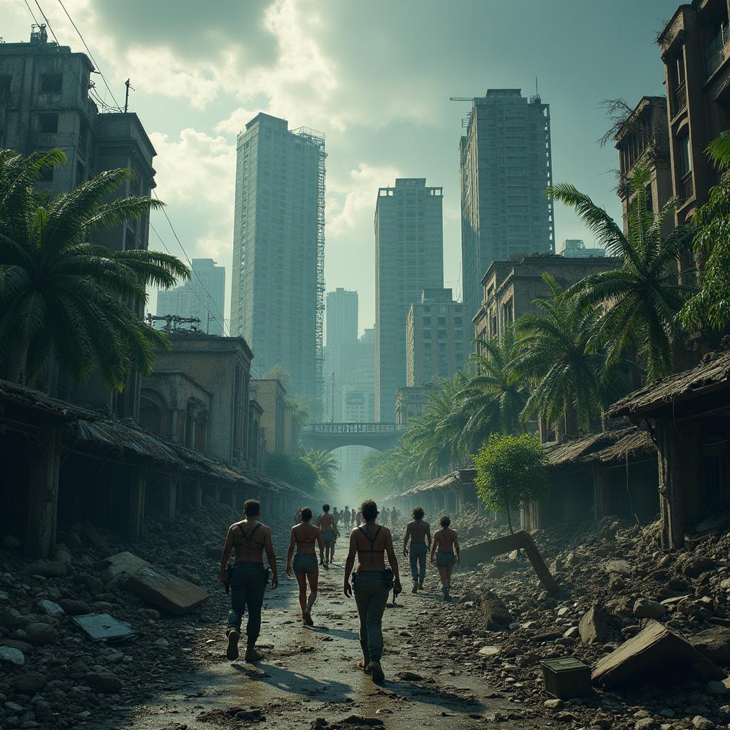 A haunting depiction of an apocalyptic metropolis in Honduras, featuring a skyline of dilapidated skyscrapers and crumbling infrastructure surrounded by dense foliage