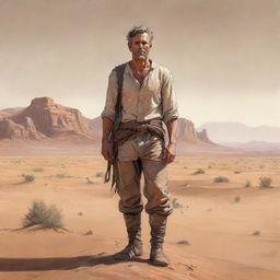 Illustrate a hand-drawn image of a strong, weathered man standing with purpose in the vastness of the desert, designed as a novel's resilient main character