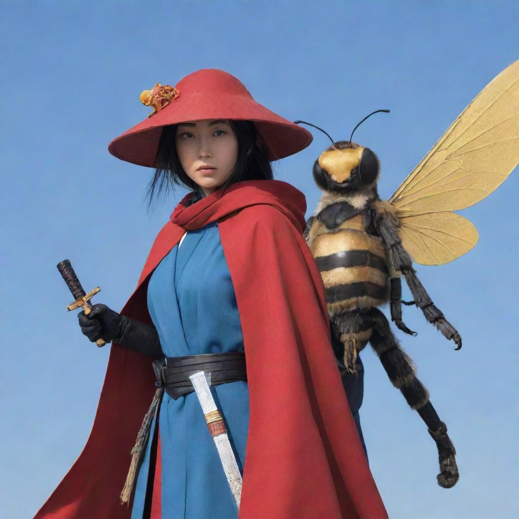 A Ronin woman in a red cape and Japanese hat, holding a shining blue katana, alongside a slightly oversized bee as her battle companion, all in anime style.