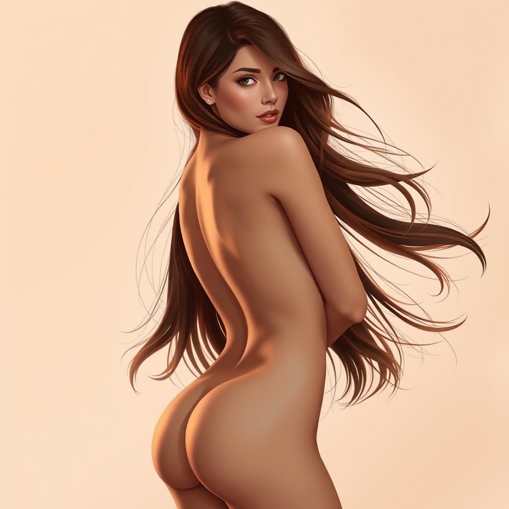 An artistic and tasteful illustration of a beautiful woman with flowing brown hair, captured in an elegant pose while nude