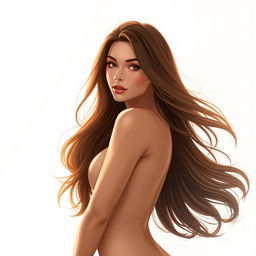 An artistic and tasteful illustration of a beautiful woman with flowing brown hair, captured in an elegant pose while nude