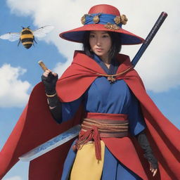 A Ronin woman in a red cape and Japanese hat, holding a shining blue katana, alongside a slightly oversized bee as her battle companion, all in anime style.