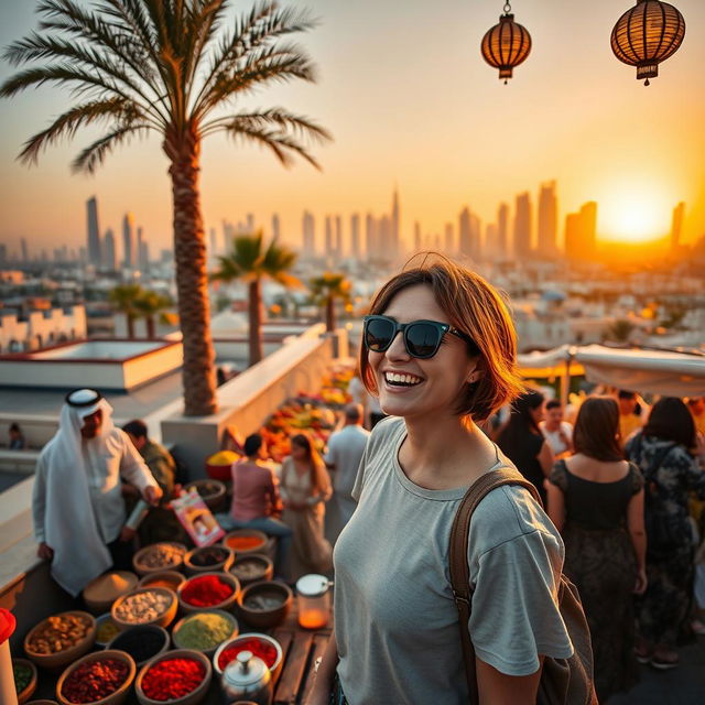 A joyful expat enjoying life in Saudi Arabia, surrounded by vibrant local culture