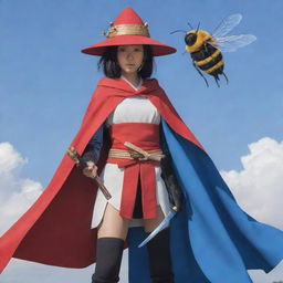 A Ronin woman in a red cape and Japanese hat, holding a shining blue katana, alongside a slightly oversized bee as her battle companion, all in anime style.