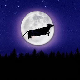 A vivid image of a cow leaping joyfully over a radiant full moon against a backdrop of the twinkling night sky.