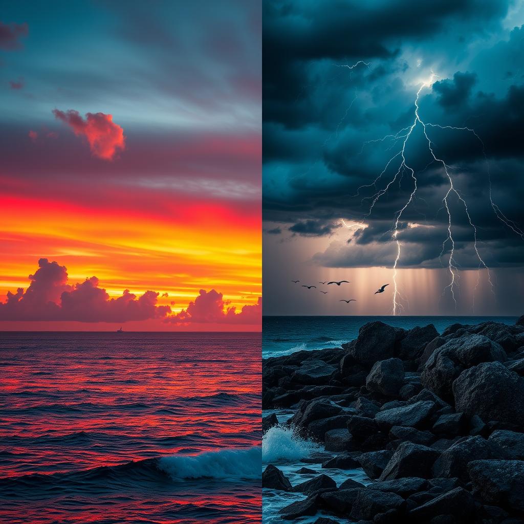 A dramatic split landscape showing a vibrant sunset on one side and a powerful thunderstorm on the other