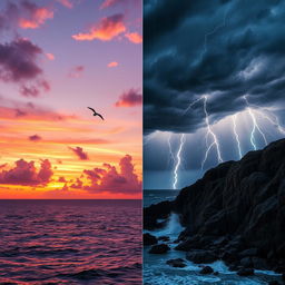 A dramatic split landscape showing a vibrant sunset on one side and a powerful thunderstorm on the other