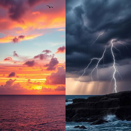 A dramatic split landscape showing a vibrant sunset on one side and a powerful thunderstorm on the other