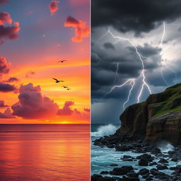 A dramatic split landscape showing a vibrant sunset on one side and a powerful thunderstorm on the other