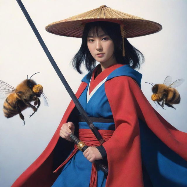 A Ronin woman in a red cape and Japanese hat, holding a shining blue katana, alongside a slightly oversized bee as her battle companion, all in anime style.