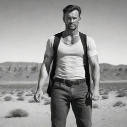 Illustrate a hand-drawn image of a strong, robust man standing formidably in the desert background, meant to be a sturdy main character of a novel