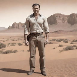 Illustrate a hand-drawn image of a strong, robust man standing formidably in the desert background, meant to be a sturdy main character of a novel