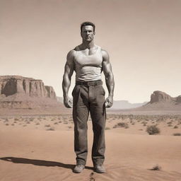 Illustrate a hand-drawn image of a strong, robust man standing formidably in the desert background, meant to be a sturdy main character of a novel