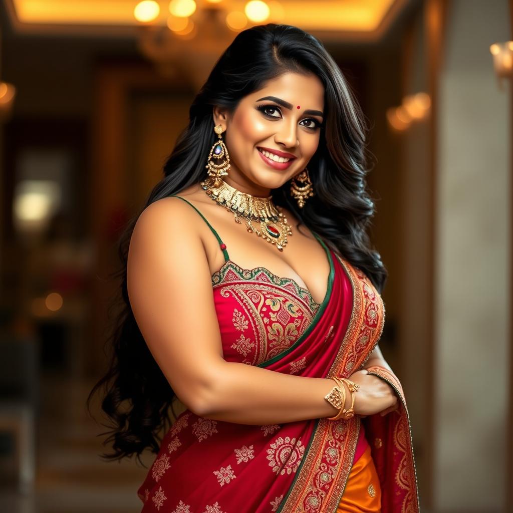 A voluptuous Indian woman wearing an eye-catching sexy hot dress that highlights her curves and ample bosom