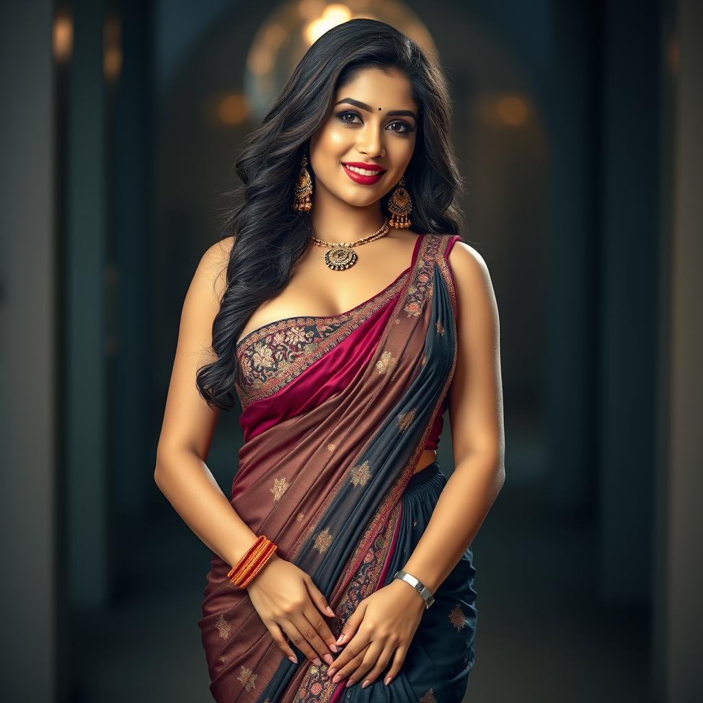 A voluptuous Indian woman wearing an eye-catching sexy hot dress that highlights her curves and ample bosom