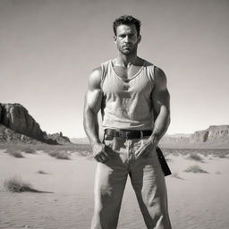 Illustrate a hand-drawn image of a strong, robust man standing formidably in the desert background, meant to be a sturdy main character of a novel