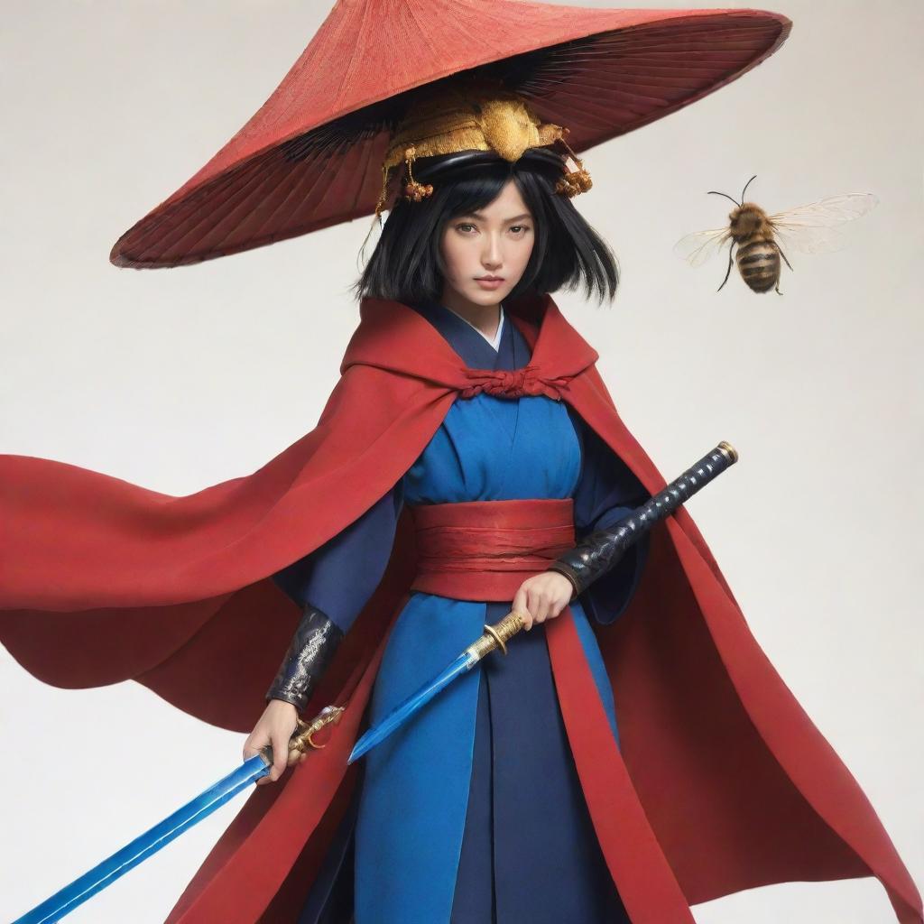 A Ronin woman in a red cape and Japanese hat, holding a shining blue katana, with an oversized bee as her battle companion, all rendered in stylish anime.