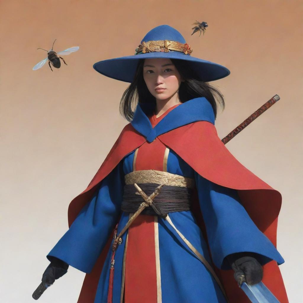 A Ronin woman in a red cape and Japanese hat, holding a shining blue katana, with an oversized bee as her battle companion, all rendered in stylish anime.