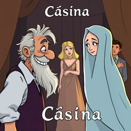 A Greek Latino theater scene in a cartoon style, featuring a decrepit old Greek man with a mischievous smile gazing at a young, beautiful, and slender Greek woman who is partially hiding her face behind a veil