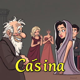 A Greek Latino theater scene in a cartoon style, featuring a decrepit old Greek man with a mischievous smile gazing at a young, beautiful, and slender Greek woman who is partially hiding her face behind a veil