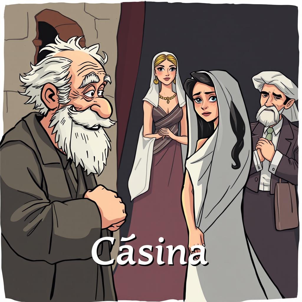 A Greek Latino theater scene in a cartoon style, featuring a decrepit old Greek man with a mischievous smile gazing at a young, beautiful, and slender Greek woman who is partially hiding her face behind a veil