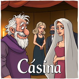 A Greek Latino theater scene in a cartoon style, featuring a decrepit old Greek man with a mischievous smile gazing at a young, beautiful, and slender Greek woman who is partially hiding her face behind a veil