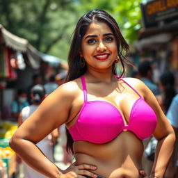 An attractive Indian woman confidently wearing a hot pink bra that beautifully contrasts her skin tone, showcasing her voluptuous figure and large bosom