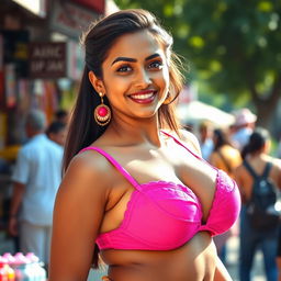 An attractive Indian woman confidently wearing a hot pink bra that beautifully contrasts her skin tone, showcasing her voluptuous figure and large bosom