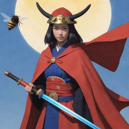 A Ronin woman in a red cape and Japanese hat, holding a shining blue katana, with an oversized bee as her battle companion, all rendered in stylish anime.