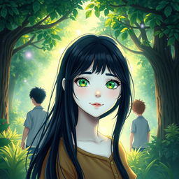 A cover illustration featuring a girl with long black hair and striking green eyes, her white skin glowing softly