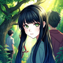 A cover illustration featuring a girl with long black hair and striking green eyes, her white skin glowing softly