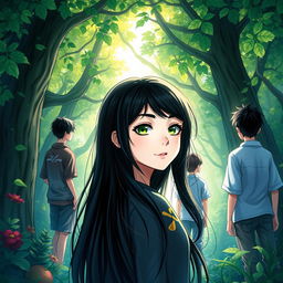 A cover illustration featuring a girl with long black hair and striking green eyes, her white skin glowing softly