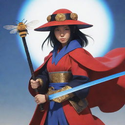 A Ronin woman in a red cape and Japanese hat, holding a shining blue katana, with an oversized bee as her battle companion, all rendered in stylish anime.