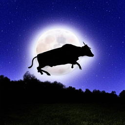 A vivid image of a cow leaping joyfully over a radiant full moon against a backdrop of the twinkling night sky.